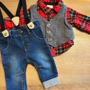 3 FOR $12 | Cat & Jack Baby Boy Flannel Outfit Jeans Vest Suspenders, 0-3m